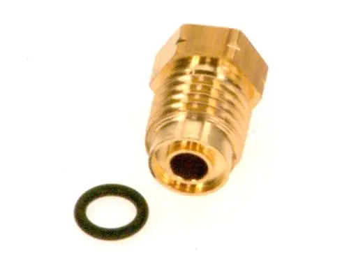 Blatt aus Messing mit Gewinde und einem O-Ring. Teil von Bosch, möglicherweise für eine Zünddüse oder ähnliche Anwendungen.